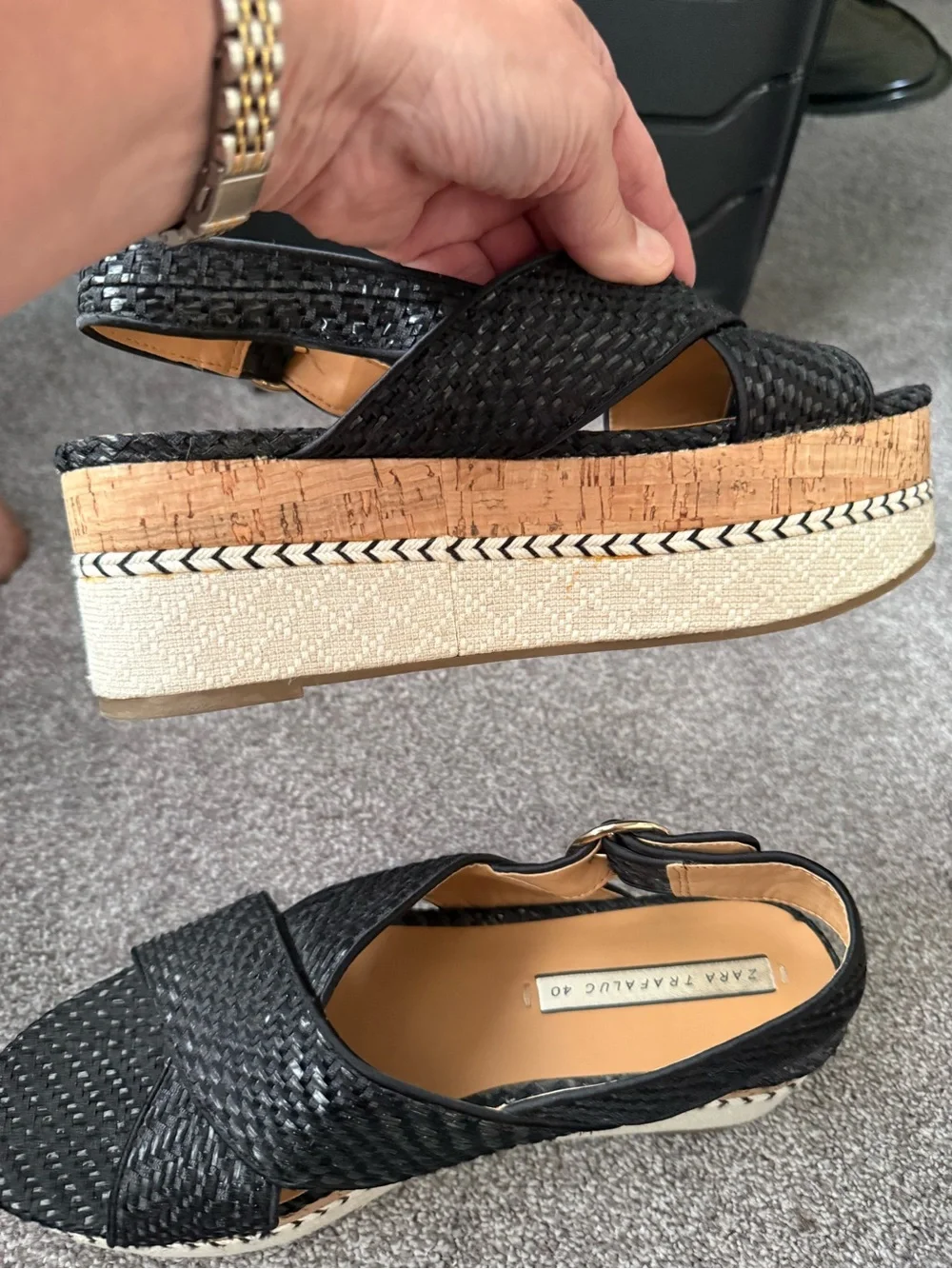 Zara Black Woven Cork Platform Wedges